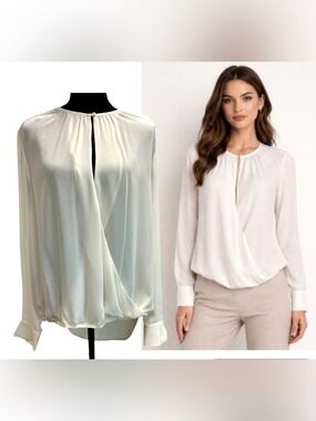 Joe Fresh Ivory white Draped wrap Keyhole Long-Sleeve Blouse Sz L